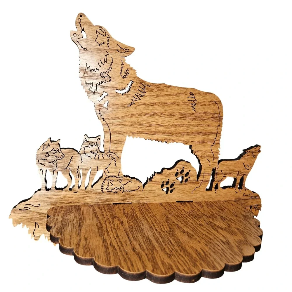 Rustic Scroll‎ Cut Wood Wolf Pack Floating Wall Shelf Howling Wolves Cabin Decor